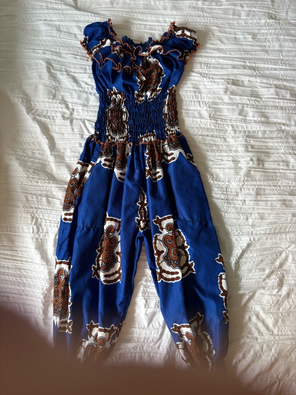 Girls' waxed cotton Royal Blue Paisley Smocked Jumpsuit